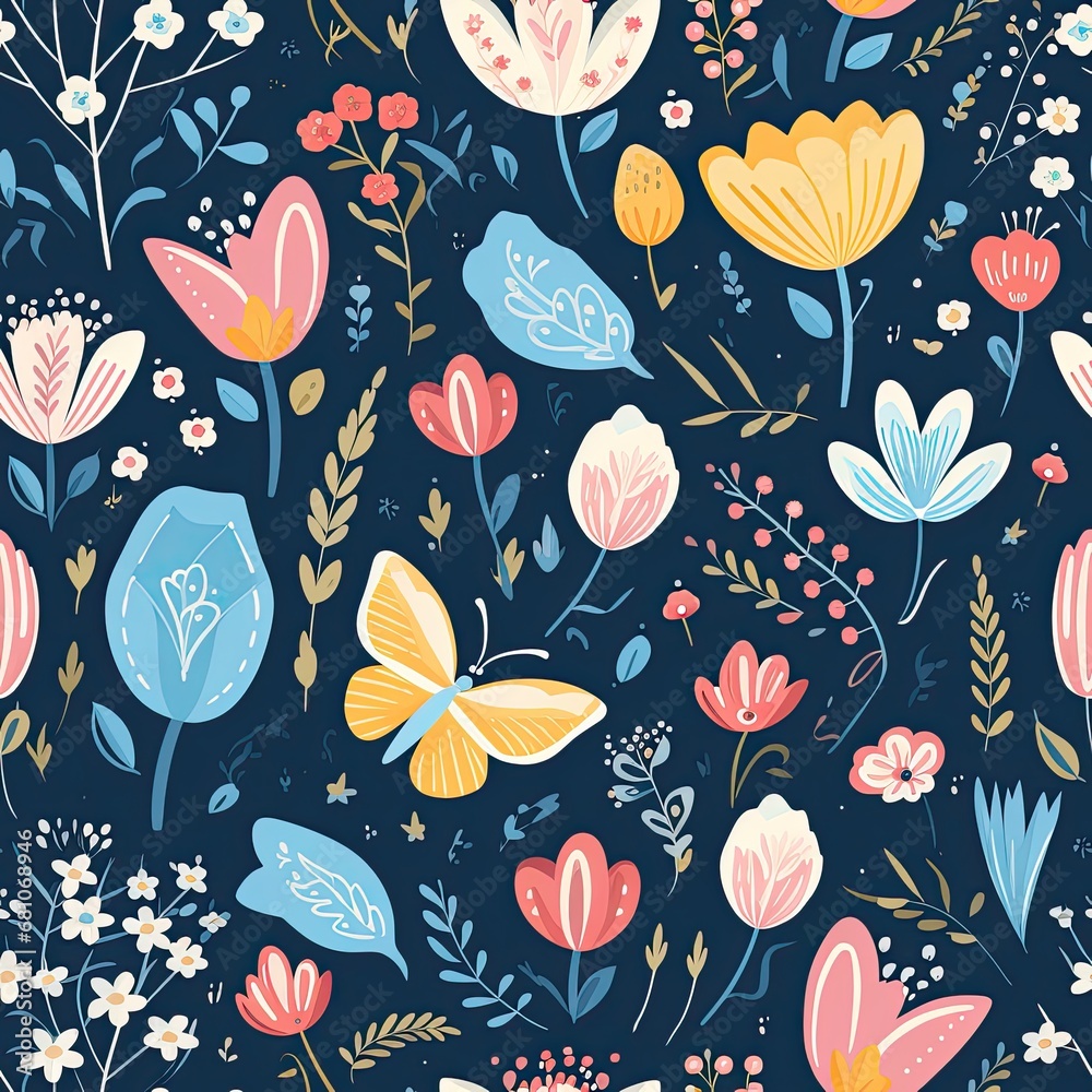A seamless pattern featuring delicate flowers, leaves, and birds, perfect for wallpapers, textiles, and decorative designs.