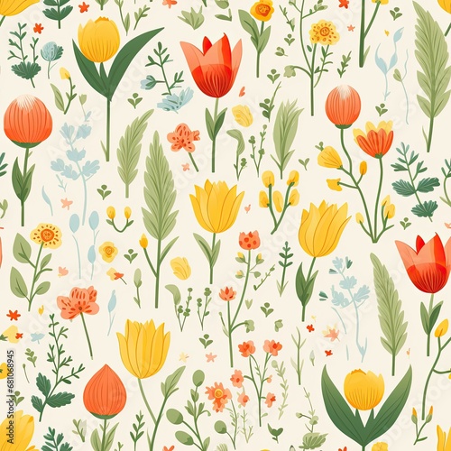 Floral beauty  A seamless pattern with hand-drawn flowers and leaves  perfect for adding a touch of elegance to wallpapers and textiles.