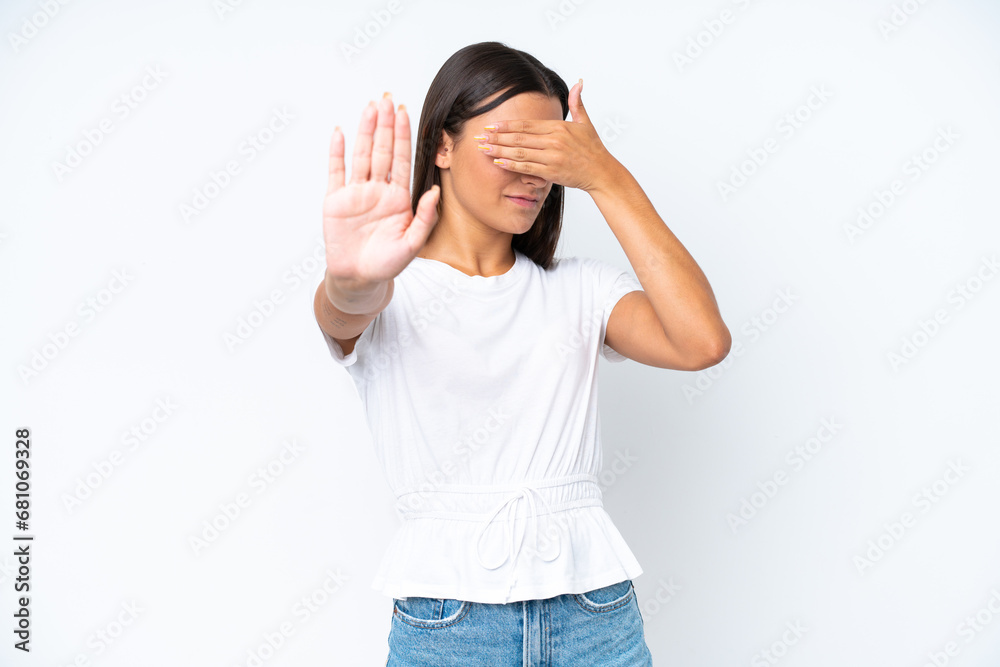 Young caucasian woman isolated on white background making stop gesture and covering face Young caucasian woman isolated on white background making stop gesture and covering face