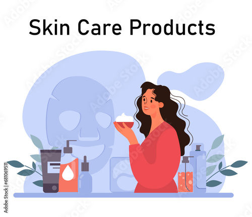 Skincare routine. Facial skin cosmetic products applying and professional dermatology procedure. Cleansing and moisturizing treatment. Flat vector illustration
