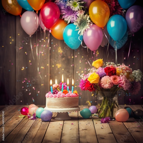 Ein bunter Geburtstagshintergrund mit Blumen und Luftballons photo