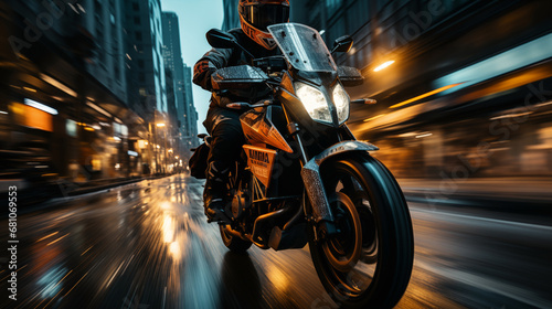 A photograph with motion blurred background  of a Biker riding a bike through a street in busy city at night   