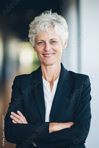 Mature businesswoman smiling in blue suit.