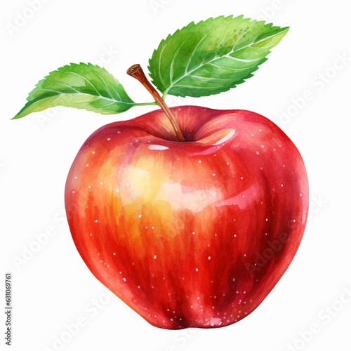 Ripe red apple with leaf isolated on white background. Watercolour illustration.