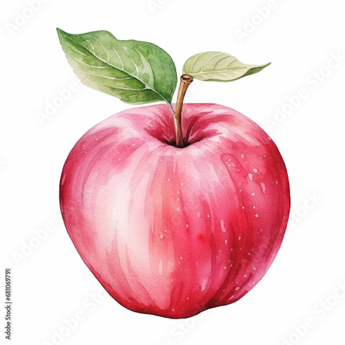 Ripe pink apple with leaf isolated on white background. Watercolour illustration.