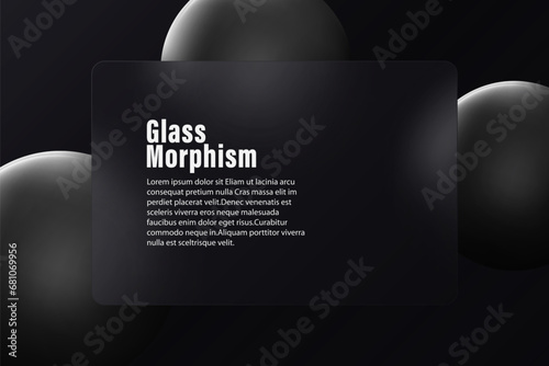 Glass morphism style. Rectangular glass banner or bank card with rounded corners. Cashless payment concept. Realistic glass morphism effect on a dark background with black spheres.