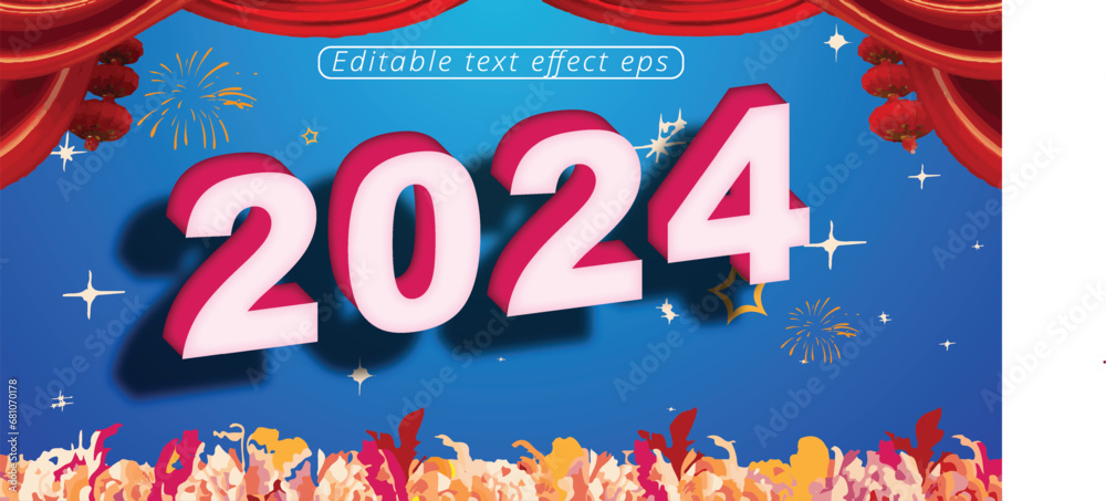 Happy new year 2024  white color Editable 3d Text effect eps vactor