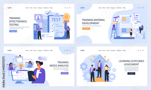 Training and Development set. Experts ensuring efficient learning through tests, creating engaging content, analyzing training needs, and assessing outcomes. Workplace skill enhancement. Flat vector.