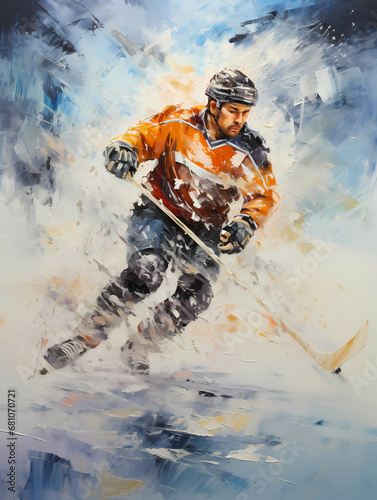 A Painting Of A Hockey Player - making Winter Sports on Frozen Lake