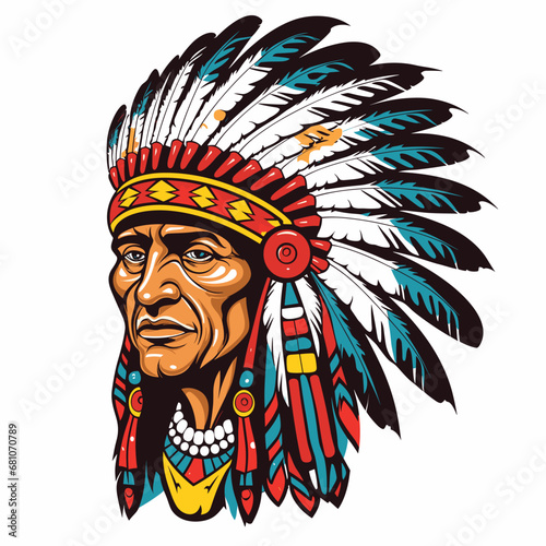 Head of an old wise Indian chief wearing a feather headdress. Vector illustration photo