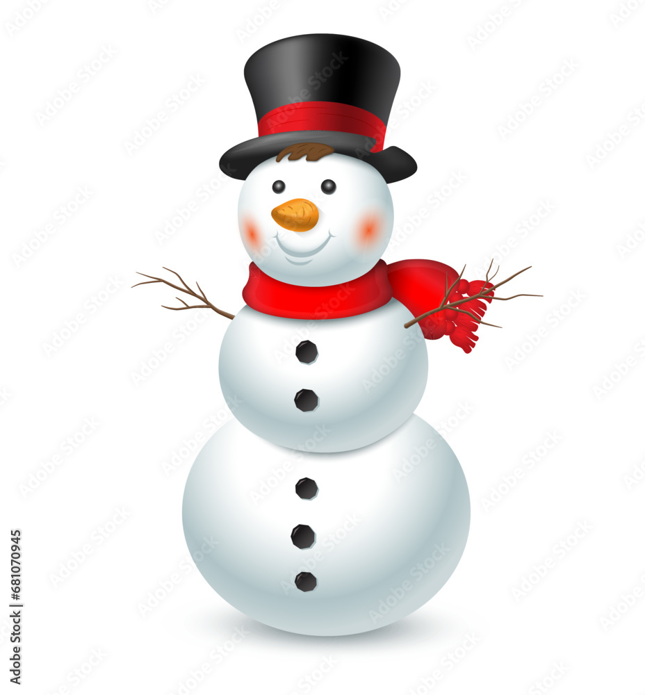Christmas snowman with top hat and red scarf isolated on white background. Vector illustration.