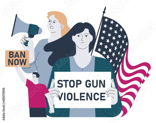Gun control. Second amendment ban. Weapon regulations law movement. Firearm violence. Mass shooting in public places and school. Flat vector illustration