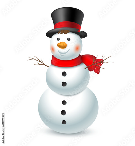 Christmas snowman with top hat and red scarf isolated on white background. Vector illustration.