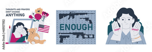 Gun control set. Second amendment ban. Weapon regulations law movement. Firearm violence. Mass shooting in public places and school. Flat vector illustration