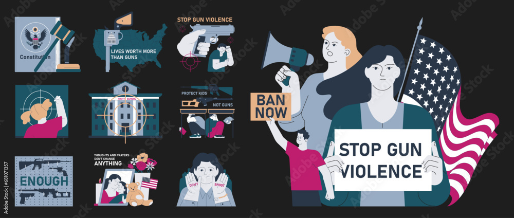 Fototapeta premium Gun control dark or night mode set. Second amendment ban. Weapon regulations law movement. Firearm violence. Mass shooting in public places and school. Flat vector illustration