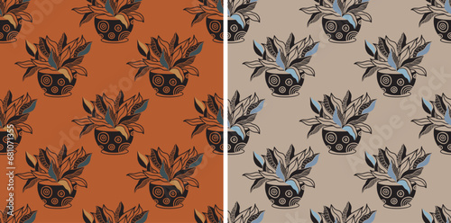 Seamless pattern in vintage style. Teapot with ornament, floral elements. Folk mood. Faded colors, black and orange. Vector illustration.