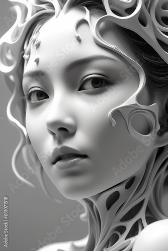 A woman's face, digital sculpture, 3d sculpture, humanoid woman, fractal face, abstract 3 d artwork. ai generative