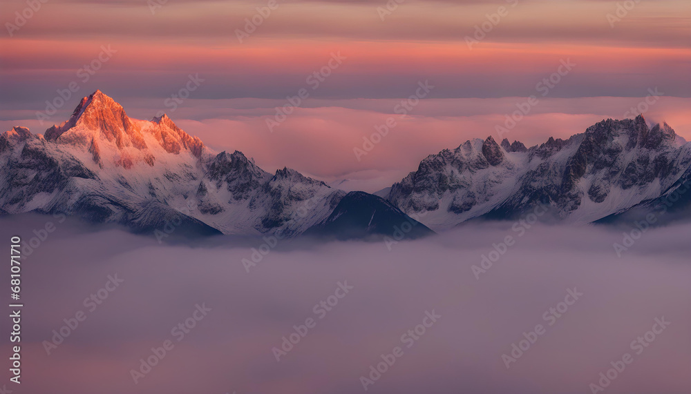 Evening orange mountains in the winter snow season. Evening orange mountains in the winter snow season.