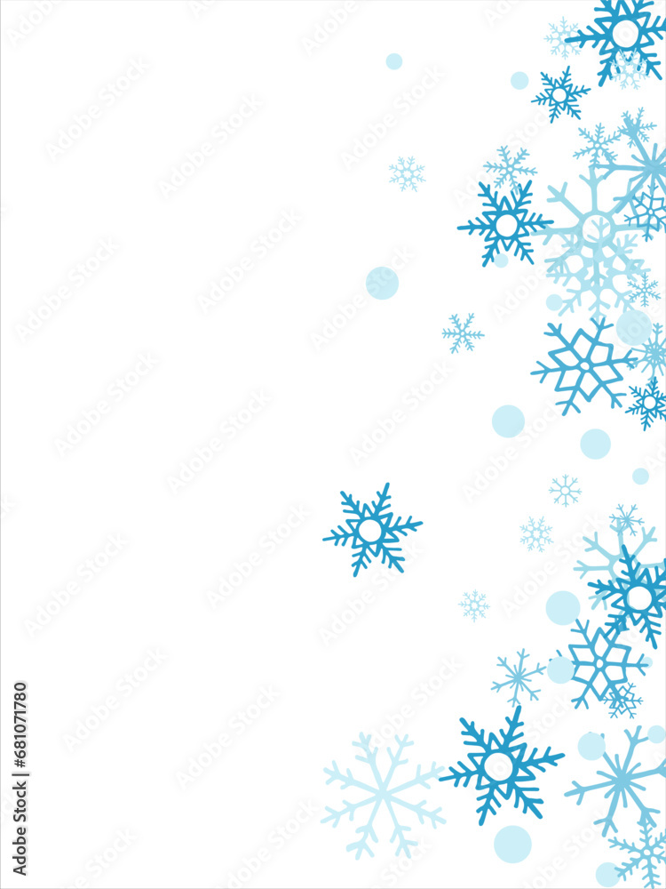 winter snow with blue snowflakes on a white background. Festive Christmas banner, New Year card. Symbols of frosty winter. Vector illustration.