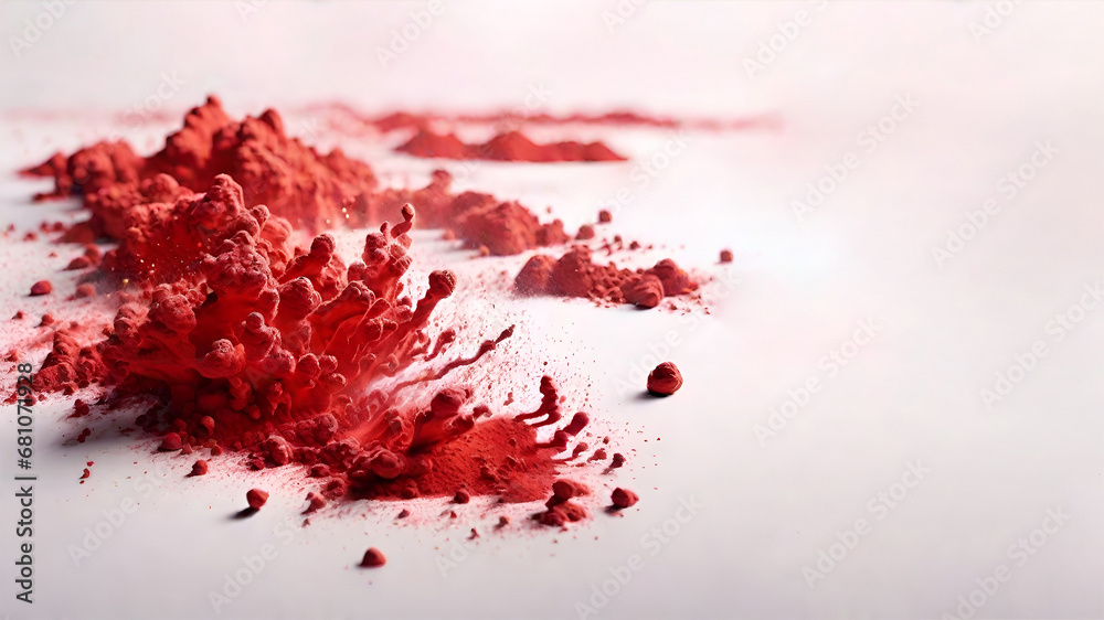 Dry red paints in the air. Splashes on a white background.