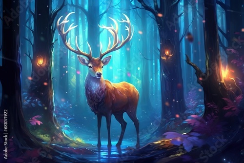 Deer with antlers posing, forest background, silhouettes of trees. Magical misty landscape. Illustration. AI generated illustration