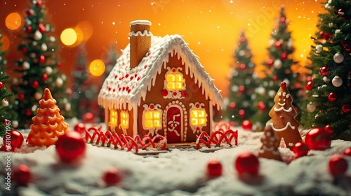 Gingerbread man cookie standing beside house with different colored candy and gumdrops  a chrismas snow scene. AI generated illustration