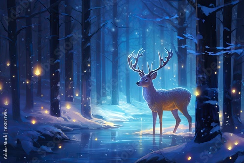 Deer with antlers posing, forest background, silhouettes of trees. Magical misty landscape. Illustration. AI generated illustration