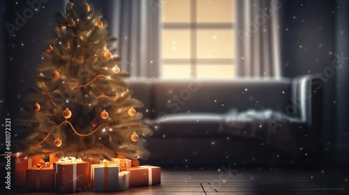 Beautiful holiday decorated room with Christmas tree and bright lights   out of focus shot for photo background. Blur christmas background. AI generated illustration