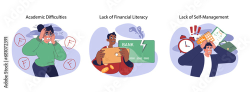 Teenage life challenges set. Struggling student receiving failing grades, young man baffled with credit card debt, overwhelmed boy juggling time and tasks. Flat vector illustration