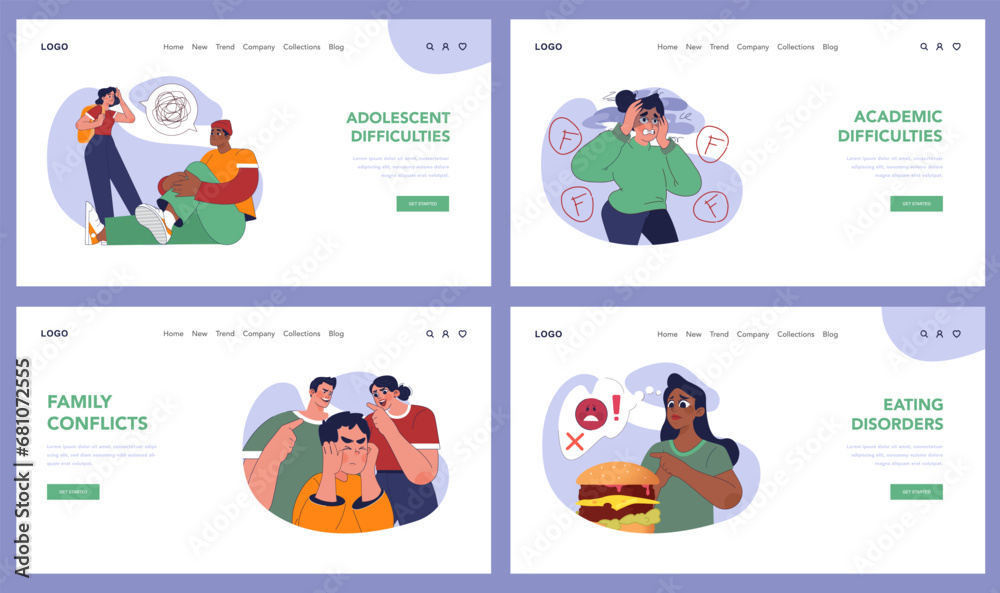 Mental health challenges set. Teenagers facing family disputes, feeling isolated and lonely, combating unhealthy eating habits. Emotional struggles depicted. Flat vector illustration Mental health challenges set. Teenagers facing family disputes, feeling isolated and lonely, combating unhealthy eating habits. Emotional struggles depicted. Flat vector illustration