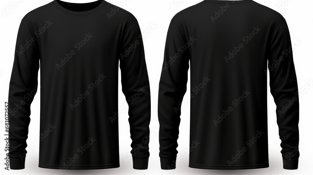 Men's Long Sleeve Black T-shirt isolated on white, with front and back views. A perfect template for your clothing line presentation. ai generative