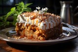Coffee cake with caramel and whipped cream on a wooden table