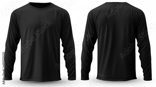 Long Sleeve Black: A men's black t-shirt with front and back views isolated on a clean white background. Perfect for apparel design. ai generative