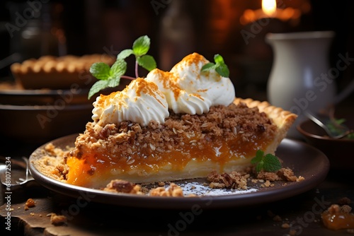 Slice of apple pie with whipped cream and mint. Selective focus