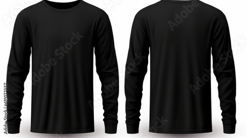 Men's Long Sleeve Black T-shirt isolated on white, with front and back views. A perfect template for your clothing line presentation. ai generative photo
