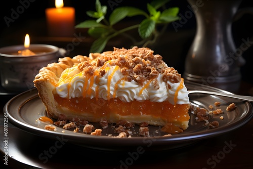 Piece of cake with whipped cream and caramel on a dark background