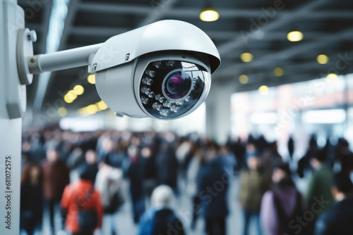Surveillance camera. A crime prevention system for gathering information and deterring and preventing crime. Concept for surveillance society and security.