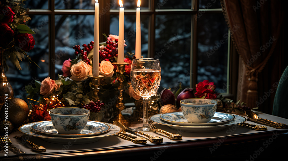 table setting for christmas, Elegant table setting with candles in restaurant. Selective focus., Table served for Christmas dinner. Living room decorated with lights and Christmas tree. AI generated

