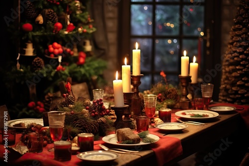 beautifully decorated Christmas table with candles and glasses near the Christmas tree. AI generated illustration