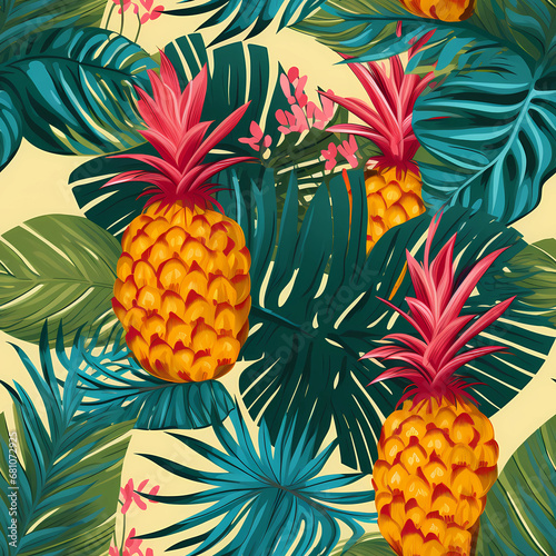 Tropical leaves and pineapple  seamless pattern