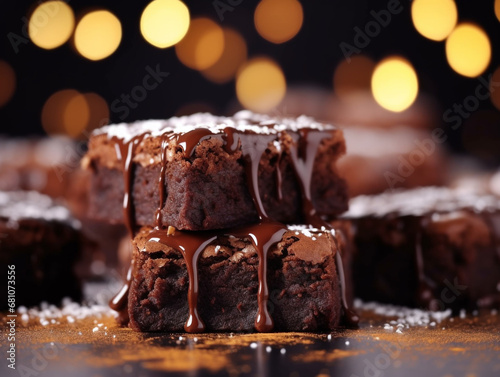 Close-up photo of chocolate brownies with bokeh background. Decorated with pieces of chocolate chips.