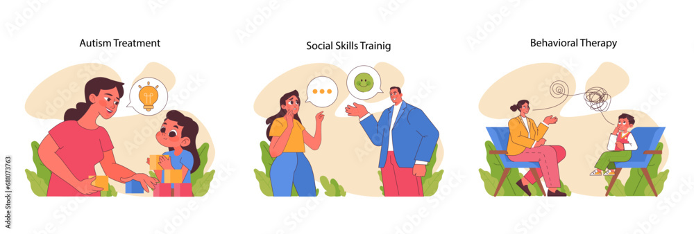 Autism intervention set. Engaging in effective autism treatment, developing social skills, and behavioral therapy techniques. Promoting progress and understanding. Flat vector illustration