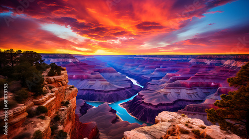 grand canyon sunrise, A stunning sunset over a canyon, Majestic sunset over the Grand Canyon, warm golden and orange hues, deep shadows revealing intricate textures