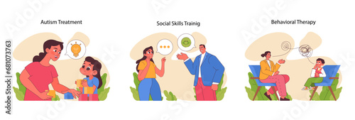 Autism intervention set. Engaging in effective autism treatment, developing social skills, and behavioral therapy techniques. Promoting progress and understanding. Flat vector illustration