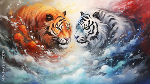 A painting of the Four Heavenly Beasts  Azure Dragon  Vermilion Bird  White Tiger  Black Tortoise   Chinese New Year and its mythical symbols  blurred background  bokeh  xmas  with copy space