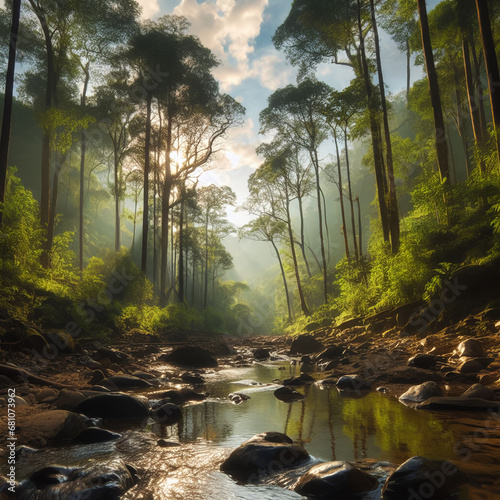 A Peaceful Environment of Sky and Forests with Stream Beds