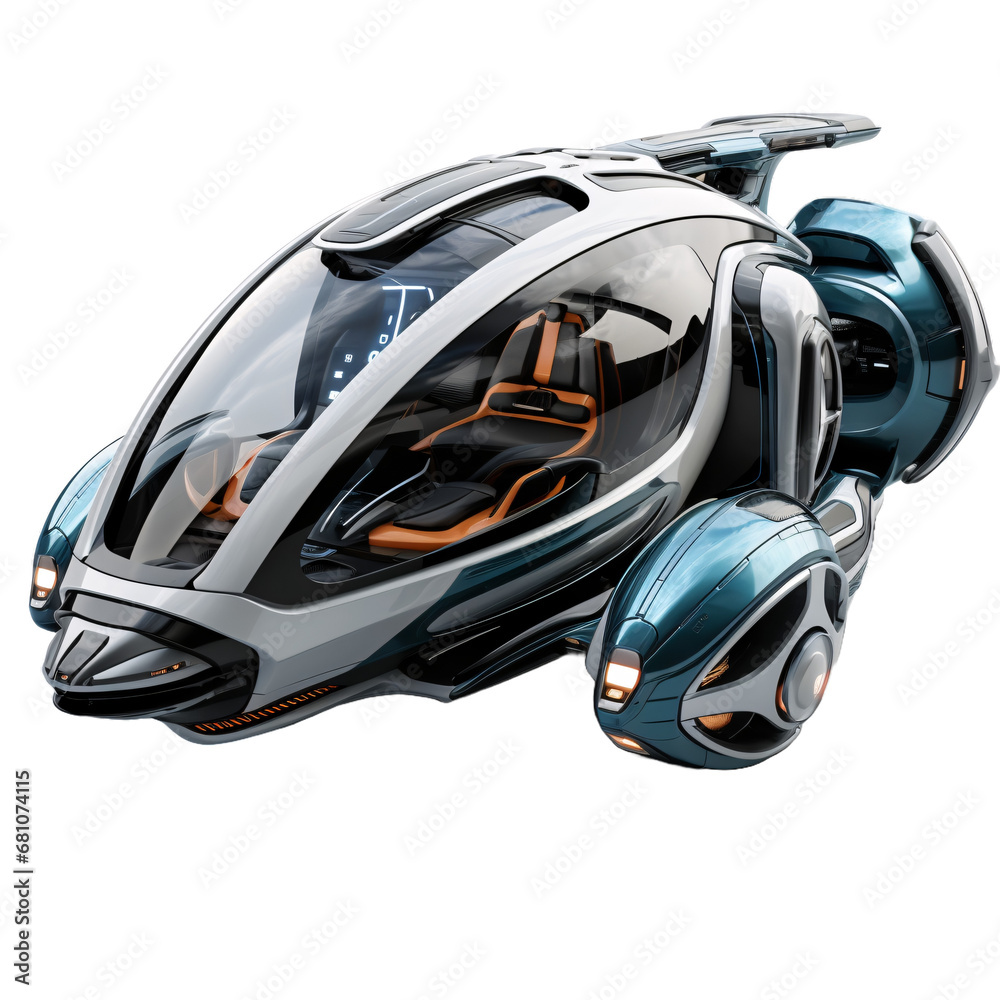 Futuristic illustration of a flying car, eco-friendly transport of the future isolated on transparent white background Futuristic illustration of a flying car, eco-friendly transport of the future isolated on transparent white background