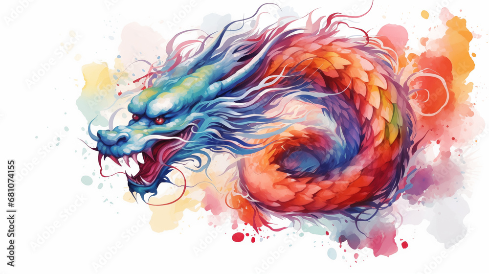 A vibrant dragon symbolizing power and luck, Chinese New Year symbols, watercolor style, white background, with copy space