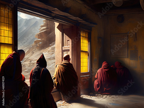 Buddhist monks in mountain temple AI generative illustration