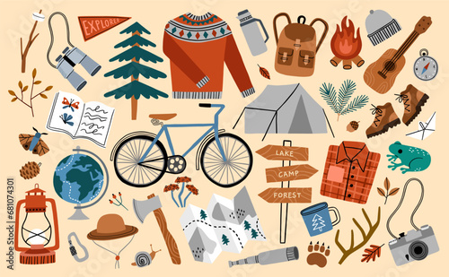 Adventure hand drawn vector illustration. Adventurecore aesthetic icon set. Camping clipart collection